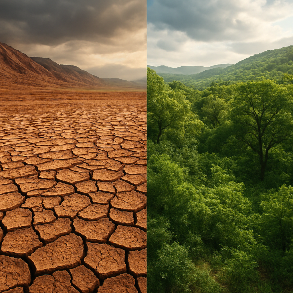 Paysage montrant la terre désertique se transformant en forêt verdoyante