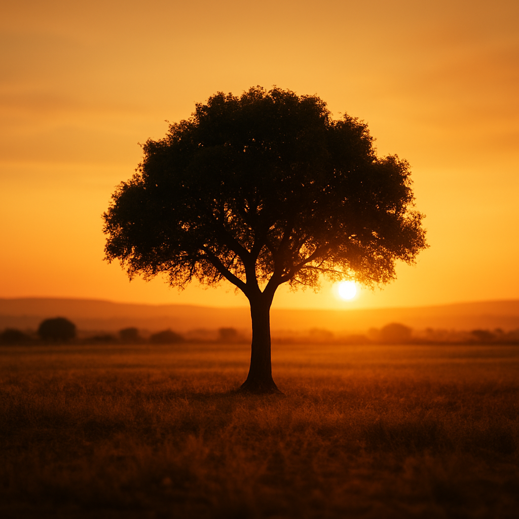Un arbre seul dans un champ marocain au coucher du soleil